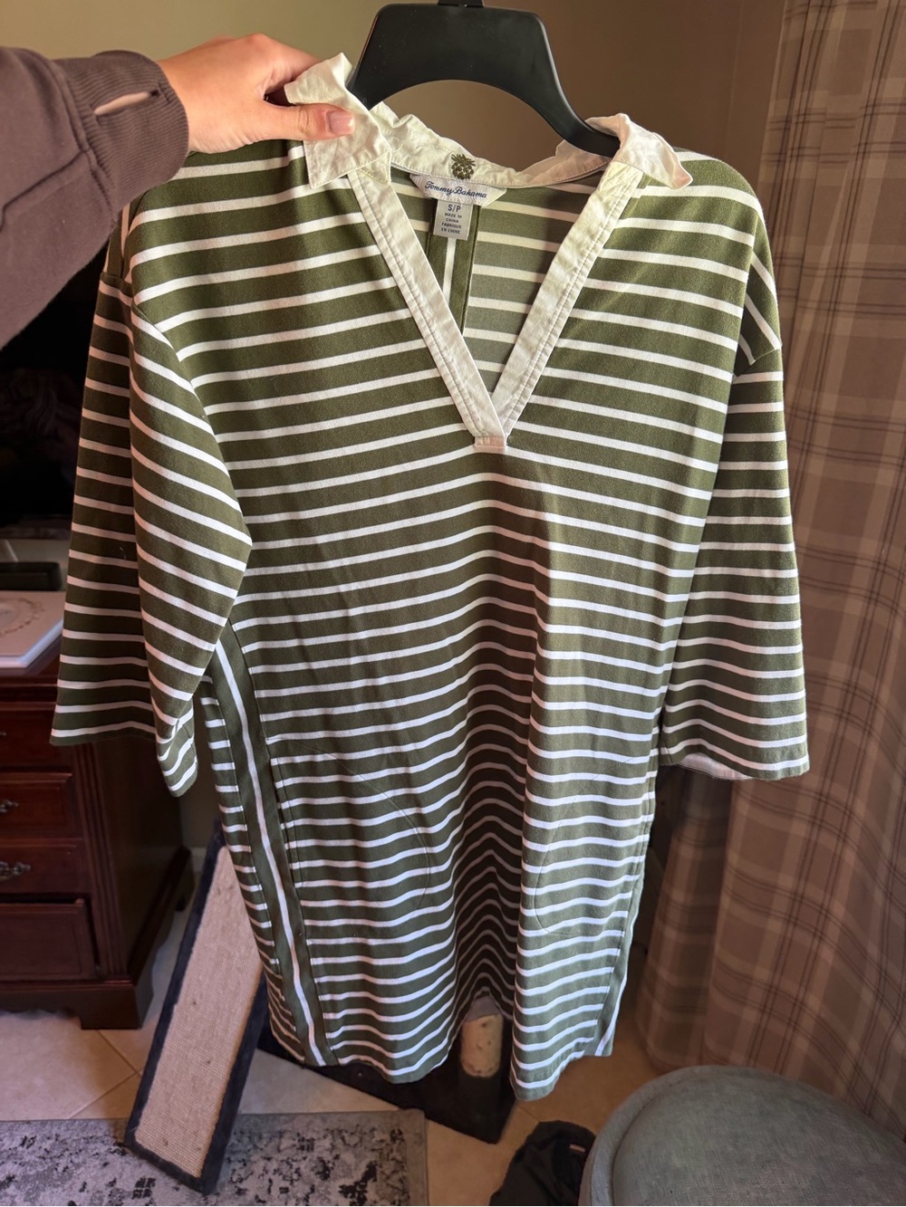 Tommy Bahama Olive Green & White Striped Long Sleeve Dress